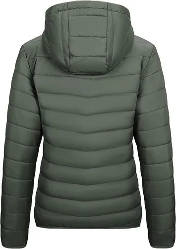 Vista 4 de Outdoor Ventures Chaqueta Puffer Ligera Empacable para Mujer con Cremallera Completa y Capucha, Abrigo de Invierno Acolchado Verde militar
