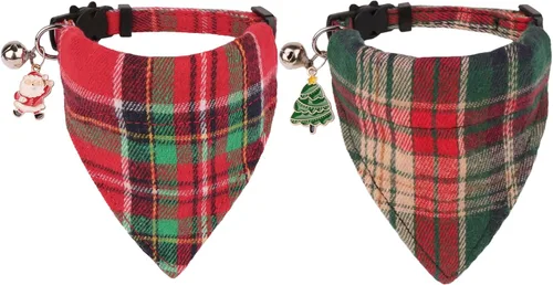 Vista 7 de PTDECOR Paquete de 2 Collares Navideños para Gatos, Collar de Gato Navideño con Corbatín y Campanilla Desmontables, Collares Navideños de Liberación