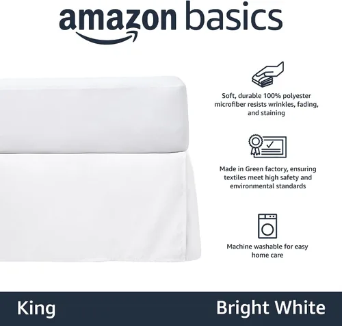 Vista 2 de Amazon Basics Falda de cama plisada ligera, tamaño King, color blanco brillante, lisa