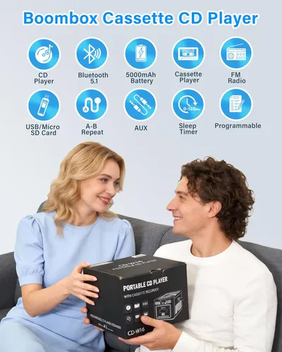 Vista 10 de Greadio Boombox - Combo de reproductor de CD y cassette, reproductor de CD recargable de 5000 mAh con Bluetooth de recepción/transmisión/radio