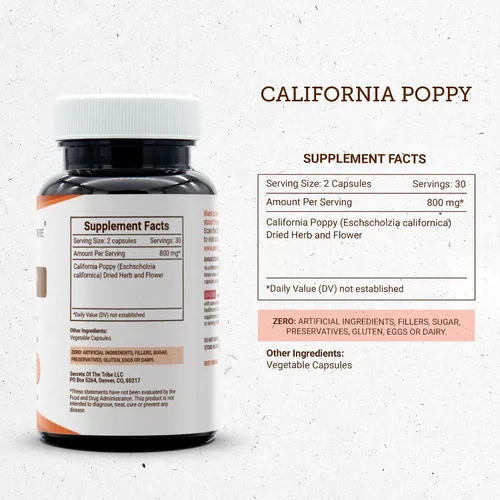 Vista 3 de Secrets of the Tribe California Poppy 60 cápsulas, 800 mg, amapola de California (Eschscholzia Californica) Hierba seca y flor (60 cápsulas)