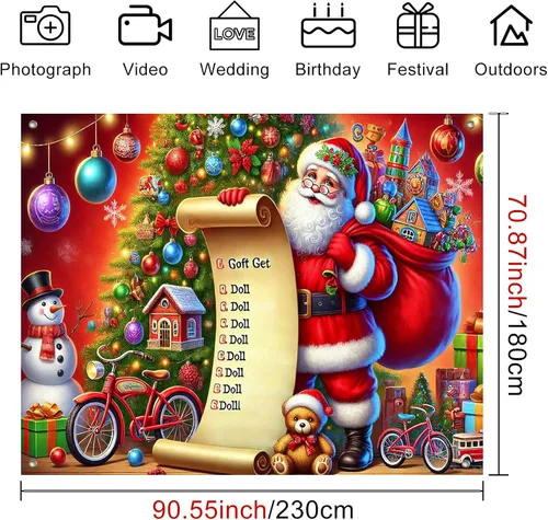 Vista 4 de HOMETITUTE Pancarta de Navidad de Papá Noel 8 x 6 pies Lista de Regalos Telón de Fondo Fiesta Navideña Fondo Árbol Muñeco de Nieve Bicicleta