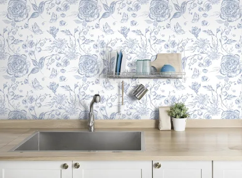 Vista 2 de Papel tapiz azul para despegar y pegar, papel de pared floral bordado bohemio, papel de contacto para dormitorio, baño, papel tapiz azul marino