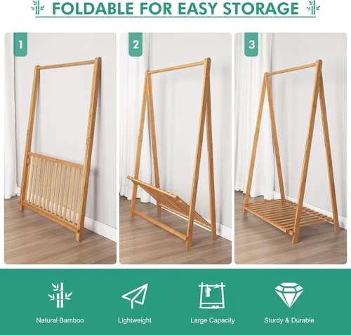 Vista 6 de Jotsport Perchero Pequeño para Ropa Infantil, Almacenamiento de Disfraces para Sala de Juegos, Dormitorio de Niños Pequeños, Perchero de Bambú