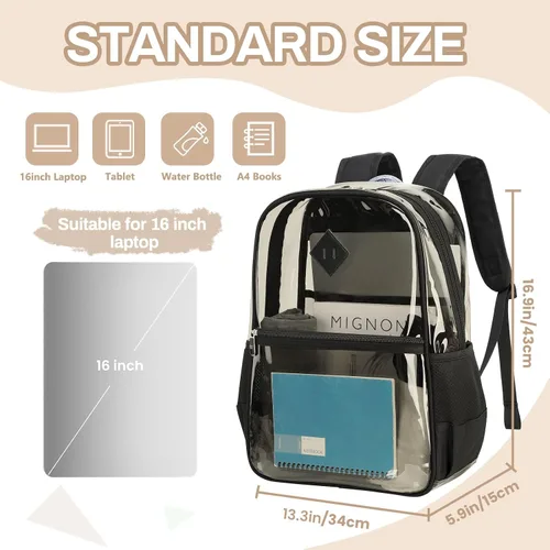 Vista 9 de MUSEVOS Mochila transparente, resistente bolsa de libros transparente para escuela, universidad de PVC transparente aprobado por estadios, Negro