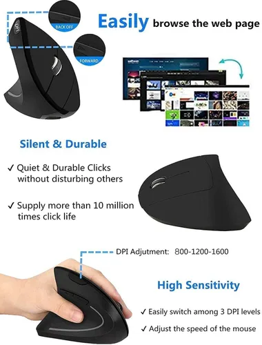 Vista 4 de Ratón vertical inalámbrico ergonómico para zurdos, 2.4G, 3 DPI ajustables (800/1200/1600), especialmente para zurdos