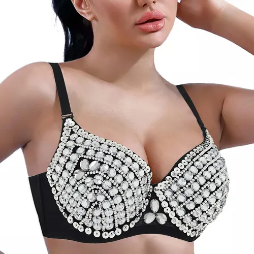 Vista 2 de Woeoe Corsé de diamantes de imitación Bustier Crop Top Negro Diamante Bra Club Rave Rhinestone Tops Joyas para Mujer