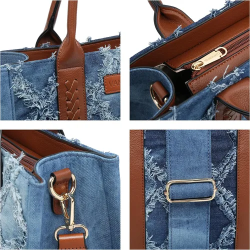 Vista 5 de VANSARTO Bolso de mano de mezclilla para mujer, con asa superior, estilo azteca, estilo bohemio, con correa para la muñeca
