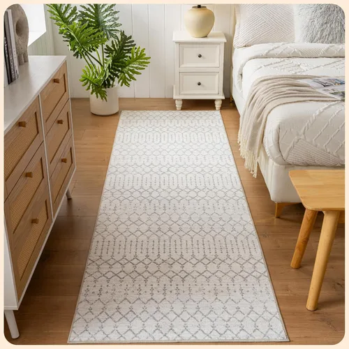 Vista 243 de Istana Alfombra larga antideslizante de 2.5 x 8 para el hogar, para pasillo y cocina, lavable, sedosa y suave al tacto, elegante, color azul y marfil