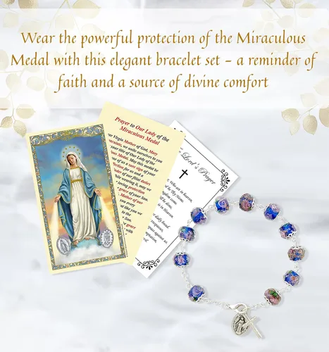 Vista 2 de Pulsera de medalla milagrosa con tarjeta de oración de medalla milagrosa, tarjeta de oración del Señor, pulsera milagrosa de zafiro con colgante