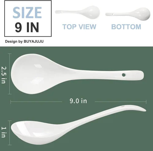 Vista 2 de Buyajuju Mini cucharones de porcelana, cucharas grandes de sopa de 9 pulgadas, 6 cucharones blancos de primera calidad para guisos, fideos chinos