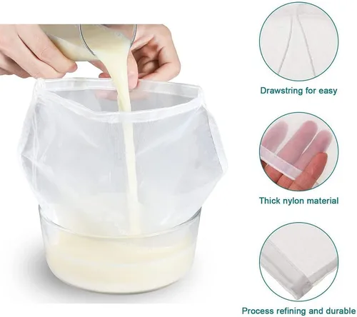 Vista 2 de Bolsa de leche de nueces para colar, colador fino reutilizable sin BPA, gasa sin blanquear, colador de yogur, filtro de jugo y filtro de café frío