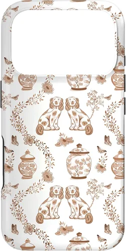 Vista 29 de Funda para iPhone XS Max Preppy Marrón y Blanco Toile Chinoiserie Perros y Jengibre
