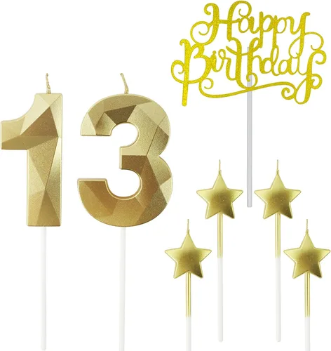 Vista 29 de Velas de cumpleaños doradas con número 20 y velas de estrella de cumpleaños de 7 cm Velas para pastel de cumpleaños en forma de diamante 3D son