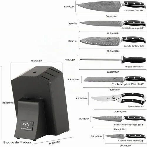 Vista 5 de Juego de cuchillos de cocina Damasco con bloque – Acero VG10 de 67 capas ultra afilado, mangos con triple remache, cuchillos de chef, Santoku Negro