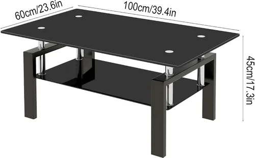 Vista 2 de Moderna mesa de centro de cristal templado negro, 39.4 pulgadas de ancho x 23.6 pulgadas de profundidad x 17.7 pulgadas de alto, mesa auxiliar