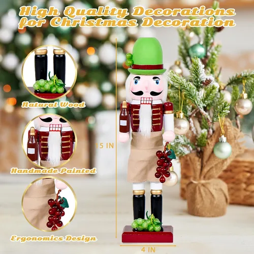 Vista 2 de Chef Bartender Cascanueces Decoraciones Navideñas - Figuras de Madera Hechas a Mano de 15 Pulgadas con Botella de Cerveza Copa de Vino Uva Temática