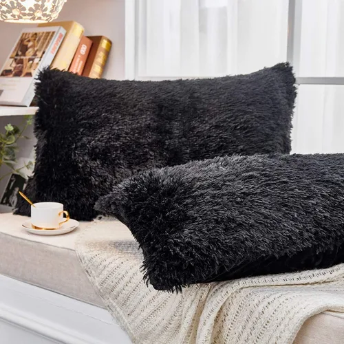 Vista 3 de JAUXIO Juego de 2 fundas de almohada decorativas largas de piel sintética suave y sólida, fundas de almohada de tiro esponjosas de terciopelo peludo
