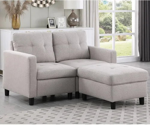 Vista 16 de Sofá modular de 55 pulgadas con otomana móvil, sofá de 2 asientos para espacios pequeños, sofá de nube en forma de L, sofá modular pequeño para sala