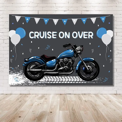 Vista 6 de MEHOFOND Telón de fondo de cumpleaños de motocicleta para niños, decoración de globos azules y blancos de carreras geniales para deportes extremos