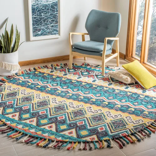 Vista 8 de SAFAVIEH Aspen Collection - Alfombra decorativa de 2 x 3 pies, azul y rojo, hecha a mano, lana trenzada con borlas, ideal para zonas de alto tráfico