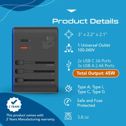 Vista 7 de Ceptics 45W Universal Travel Adapter w/ 3 USB-A, 2 USB-C & Universal Input Negro