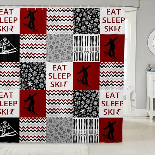 Vista 9 de Cortina de ducha de esquí negro con teñido anudado gris para niños, niñas, adultos, decoración de habitación de esquí, deportes, juegos, cortina