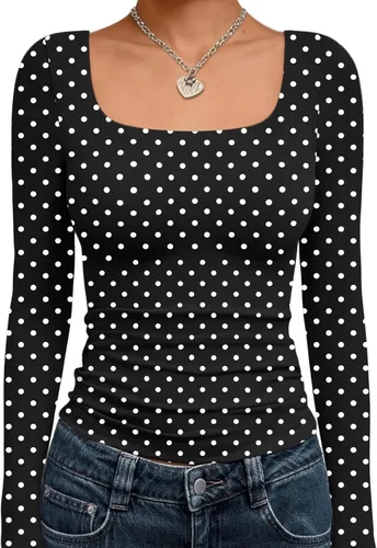 Vista 47 de Trendy Queen - Camisas ombligueras para mujer, manga larga, cuello cuadrado, básicas, para salir, de invierno, Y2K Albaricoque