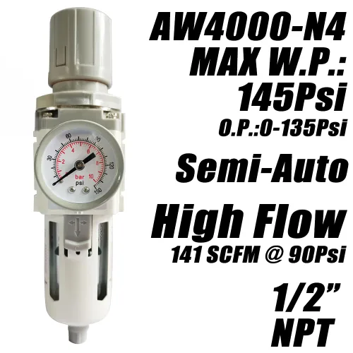 Vista 2 de Regulador de presión de filtro de aire NPT de 1/2 "Separador de agua combinado para línea de compresor de aire, drenaje semiautomático, elemento