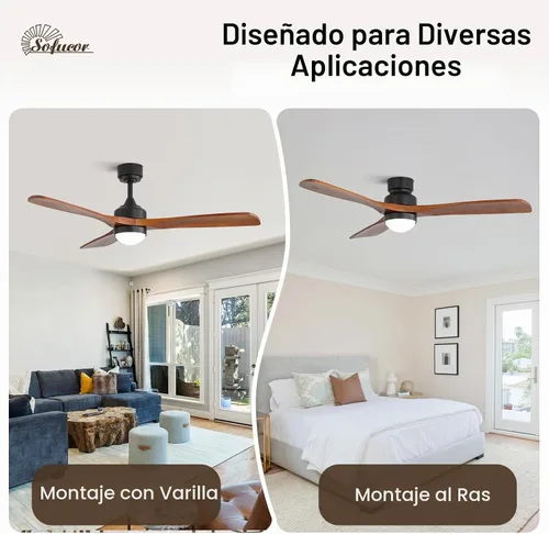 Vista 3 de Sofucor Ventilador de techo de madera maciza de 52 pulgadas, ventilador de techo de montaje empotrado y varilla descendente con luces y control