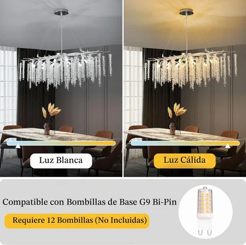 Vista 3 de Candelabro Rectangular Moderno de Ramas de Árbol de Cristal, L40'' Plata Lineal Art Deco Gota de Lluvia Lámpara Colgante Interior para Isla