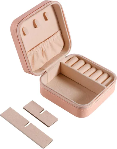 Vista 3 de Fellibay Joyero para niñas, estuche de viaje pequeño de piel sintética con cremallera, organizador portátil, caja de regalo para anillos, aretes