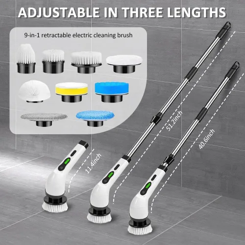 Vista 6 de Limpiador eléctrico giratorio de ducha, cepillo de limpieza con mango largo, cepillo de limpieza eléctrico con 9 cabezales reemplazables, para baño