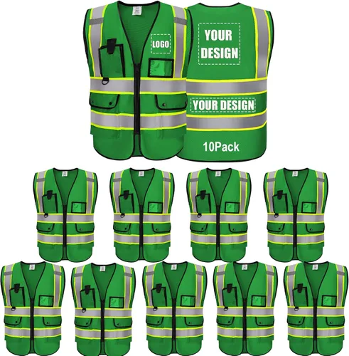 Vista 10 de Chaleco Reflectante Clase 2 de Seguridad ANSI con Bolsillos y Cremallera de Alta Visibilidad Uniforme de Construcción K-verde-1pack-custom