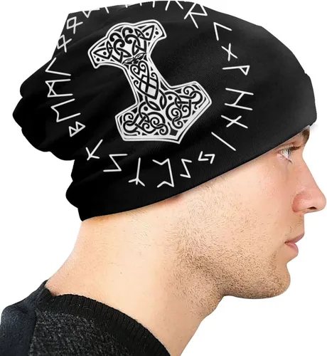 Vista 4 de Vikings Mjolnir and Rune Wheel - Gorro con símbolo de mitología nórdica para hombres y mujeres gorro holgado para esquí calavera invierno fino