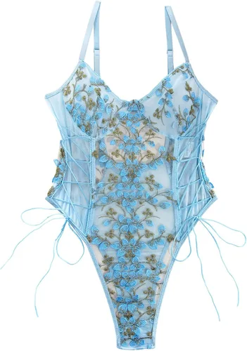 Vista 9 de Lilosy Teddy de Lencería Sexy para Mujer con Cordones y Bordado Floral, Body Top de Malla Transparente de Una Pieza Verde militar
