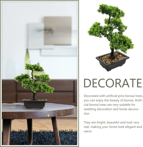 Vista 5 de Yardwe Árbol de pino bonsái artificial: plantas de imitación de pino en maceta, arreglos florales acogedores, decoración de Feng Shui, centros