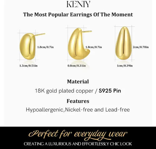 Vista 2 de Aretes de lágrima de oro para mujer, aretes de aro gruesos de oro para mujer, a la moda, hipoalergénicos, ligeros, grandes, huecos, abiertos