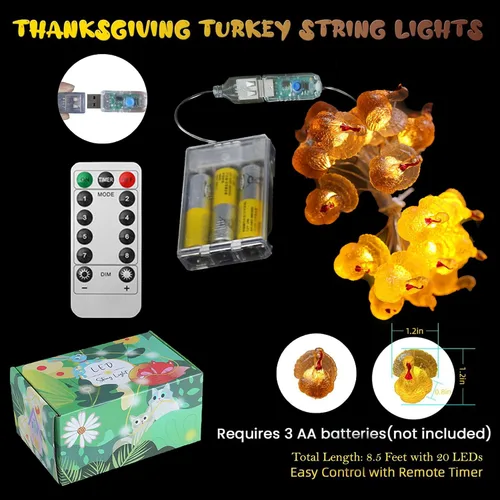 Vista 3 de Mini guirnalda de luces de pavo de Acción de Gracias, guirnalda decorativa de cosecha, lindas luces de hadas con enchufe USB o funciona