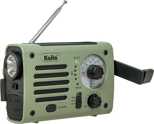 Vista 3 de Kaito KA380 Radio de emergencia y altavoz Bluetooth portátil - Radio meteorológica AM/FM NOAA recargable con panel solar y manivela verde militar