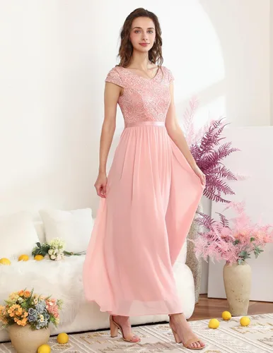 Vista 6 de DRESSTELLS Vestido largo formal para mujer, vestido de dama de honor, vestido de fiesta de noche, fiesta de noche, vestido de playa con cuello en V