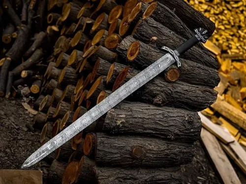 Vista 3 de Espada de acero de Damasco hecha a mano, estilo vikingo, hoja de espiga completa con mango de madera y vaina, réplica medieval coleccionable, regalo