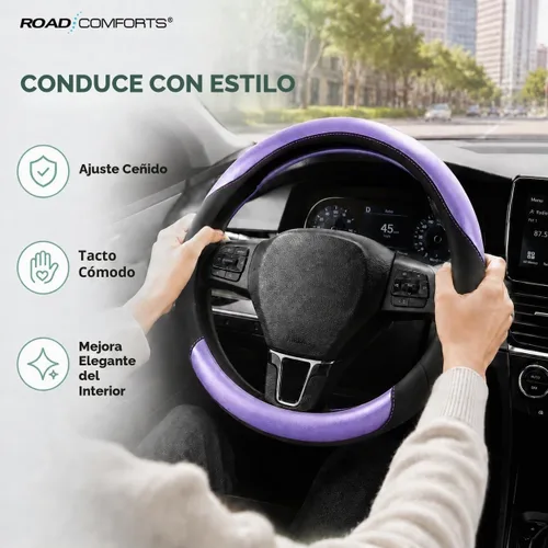 Vista 4 de Road Comforts Funda para Volante – Funda para Volante de Cuero Transpirable, Agarre Antideslizante, Ajuste Universal de 14.5" a 15", Resistente al