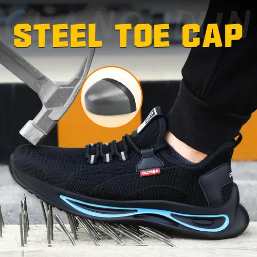 Vista 2 de GLANOUDUN Zapatos de punta de acero para hombre, zapatos de trabajo ligeros para hombres, zapatos de trabajo negros con punta de acero, zapatos