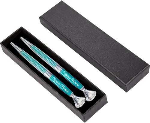 Vista 8 de ExpressDesigns™ - Juego de 2 bolígrafos de diamantes personalizados con caja de regalo, grabado metálico personalizado con nombre o mensaje