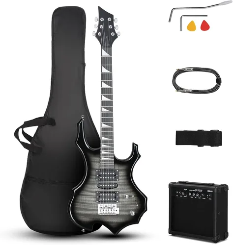Vista 9 de Kit de guitarra eléctrica Ktaxon con diseño Burning Fire, guitarra eléctrica de 39 pulgadas HSH para principiantes con amplificador, diapasón