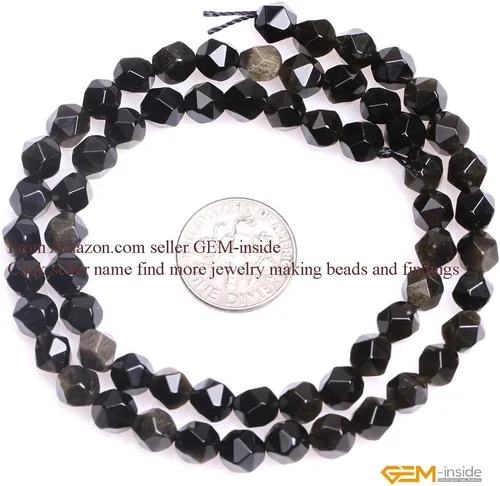 Vista 3 de GEM-Inside - Cuentas de obsidiana dorada natural de 0.236 in, semipreciosas redondas facetadas para hacer joyas de 15 pulgadas