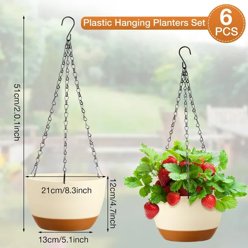 Vista 2 de Mumufy 6 macetas colgantes de 8 pulgadas para plantas de interior y exterior, color beige