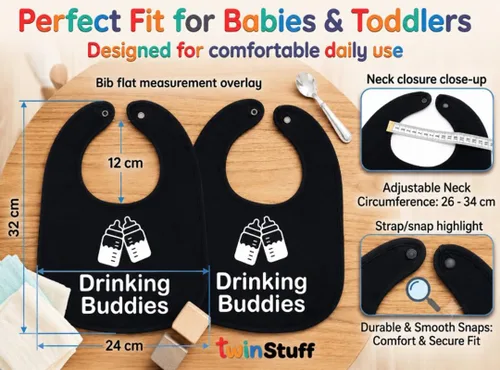 Vista 6 de 100% Cotton Drinking Buddies Twin Bibs Cute & Practical Unisex Bibs for Twins with Waterproof, Durable, for Everyday Use