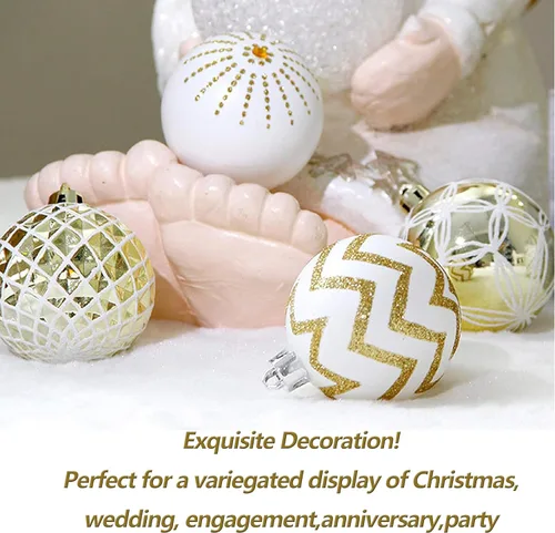 Vista 6 de 30 bolas de adorno de Navidad, 60 mm, doradas y blancas, decoraciones de Navidad para árbol de Navidad, adornos colgantes irrompibles para fiestas